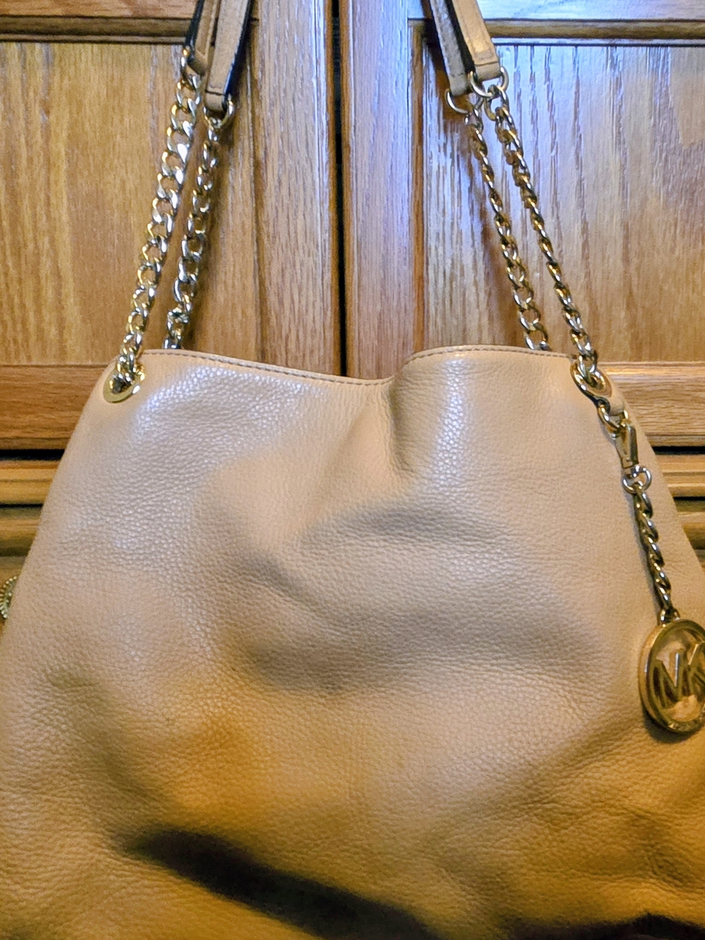 Michael Kors Beige-Tan Pebbled Leather Shoulder Bag with Gold Chain Straps